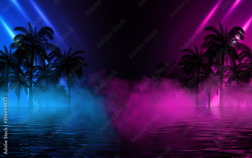 Poster silhouettes of tropical palm trees on a background of abstract background with neon glow. reflection