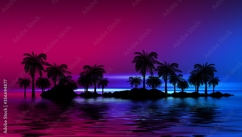 Poster silhouettes of tropical palm trees on a background of abstract background with neon glow. reflection