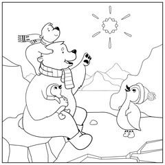 Polar bears and penguins look at the star. North pole. Christmas. Coloring book for children. Cartoon vector illustration.