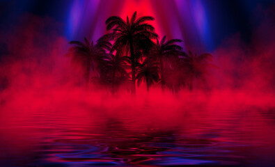 Obraz na płótnie Canvas Silhouettes of tropical palm trees on a background of abstract background with neon glow. Reflection of palm trees on the water. 3d illustration