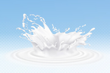 Vector realistic milk or yogurt splashes, flowing cream, abstract white blots, milk isolated on blue background. Design of natural, organic dairy products. Eps 10