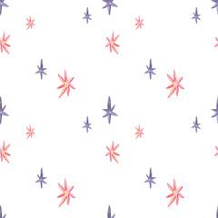 Seamless pattern with watercolor stars. Hand drawn illustration is isolated on white. Cute painted ornament are perfect for fabric textile design, nursery wallpaper, baby linens, cloth print
