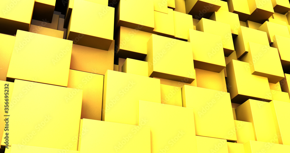 Poster 3d render of abstract yellow chaotic cubes background