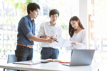 Business team discussing together in conference room during meeting at office. Teamwork, brainstorm...