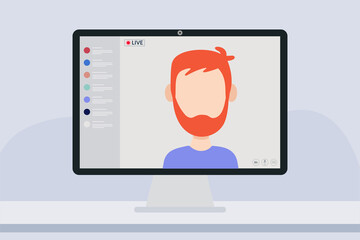 Young male redhead blogger in live streaming online event. Video conference remote working. Vlogger concept. Vector flat people illustration.