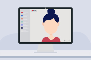 Young female blogger in live streaming online event, Video conference remote working. Vlogger concept. Vector flat people illustration.