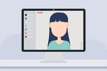 Young female with bangs blogger in live streaming online event. Video conference remote working. Vlogger concept. Vector flat people illustration.