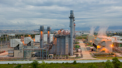 Aerial view Gas turbine electrical power plant in industrial Estate. Power plant at sunset.