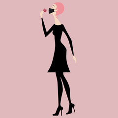 Fototapeta na wymiar elegant woman with mask, pink hair, fashion silhouette, pink background, emotion, tendress, flower in hands