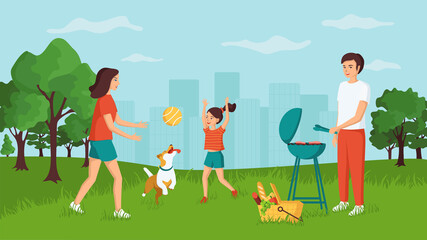 Fototapeta premium Concept of a happy family on vacation, spending time together outdoors, active weekend, ball game. Young smiling man, woman and child on a picnic in a city park with a dog. Cartoon vector illustration