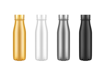 Set of yogurt plastic bottle mockups - gold, silver, black, white. Packaging design. Blank isolated nutrition or dairy product template - milk, juice, tea container. 3d realistic vector illustration