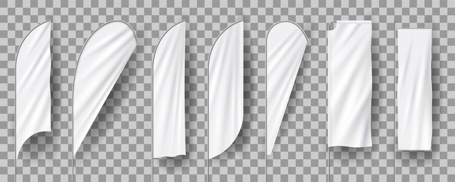 White blank feather flags, vertical banners stand, 3d realistic mockup
