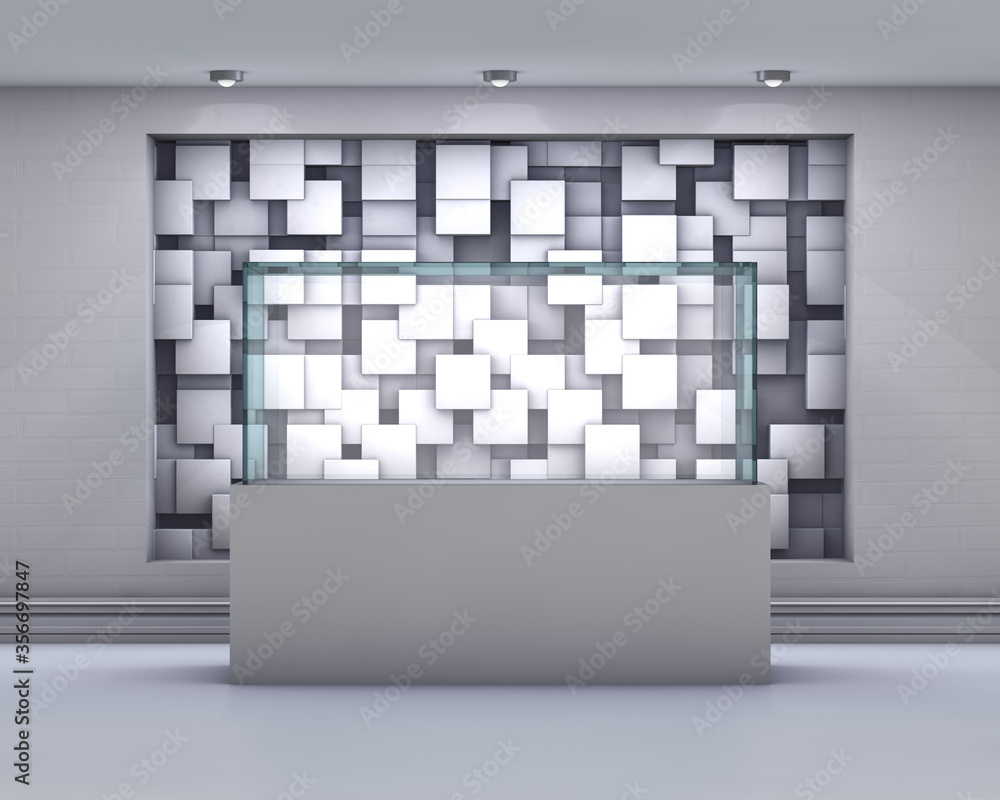 Poster 3d empty glass showcase with spotlights and chaotic abstract cub