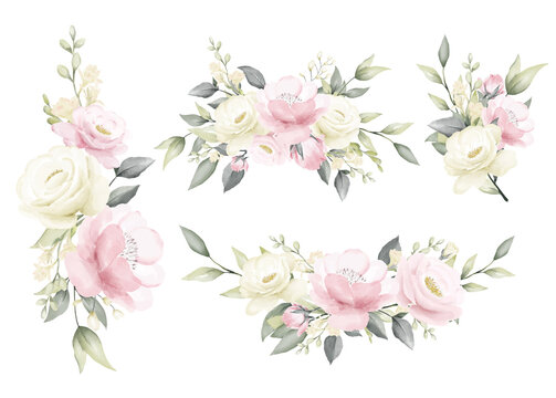 rose watercolor painting white creamy and pink flower bouquet wedding vector 