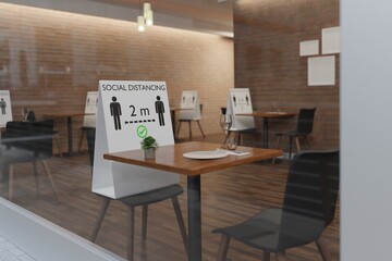 Social distancing restaurant  keep distance protect from COVID-19 viruses 3d rendering 