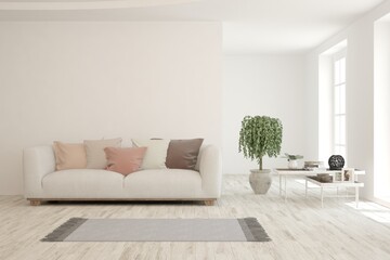 White living room with sofa. Scandinavian interior design. 3D illustration