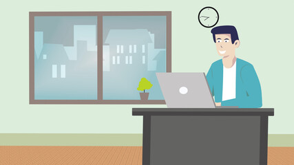 Online learning. 2d illustration of young student learning at home, sitting at the desk with laptop and talking on phone.