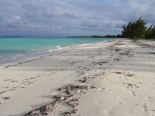Stretch of beautiful beach with footprints in the soft white sand in a tropical island
