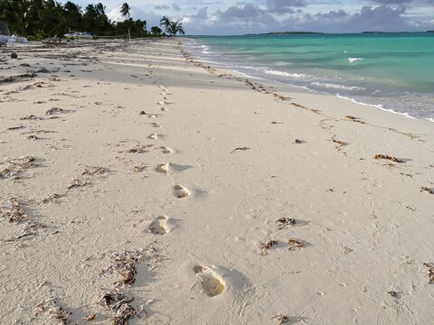 Beautiful beach with footprints in the soft white sand in a tropical island