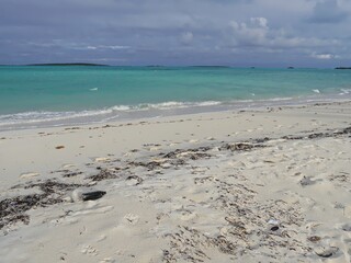 Pristine white sandy beach with footprints and seaweeds scattered around