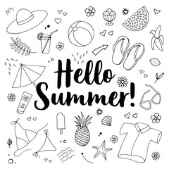 Summer background with hand drawn summer supplies and comic speech with Hello Summer lettering on white background