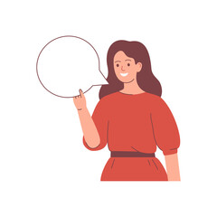 Happy young woman holds a blank speech bubble in the hand. Presentation concept. Human character vector illustration.
