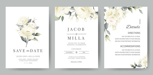 Fototapeta na wymiar wedding invitation card template set with white rose bouquet watercolor painting