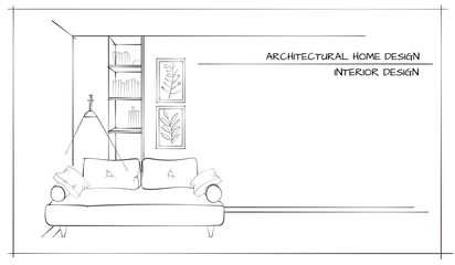 Contemporary Interior Design Hand Drawn Illustration. Black Outline On White Background