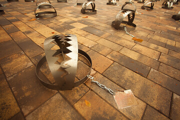 Human rights, multiple victims concept. Metal bear traps on the city road. Text space. Outdoor shot