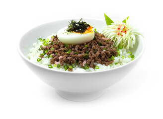 Beef Soboro Don with Egg ontop seaweed,spring onions and Pickled ginger