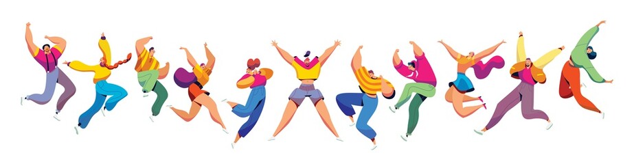 Fototapeta premium Happy people jump, fun and celebration group of people concept and vector illustration on white background. Female and male characters jump, company of people rejoices victory. Cartoon style.