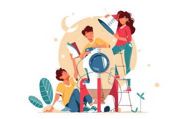 Young happy two men and girl building mini rocket together.