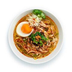 Egg Noodles with Chicken and Boiled Egg in Clear Soup