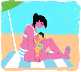 Mother breastfeeding her baby while on the beach illustration