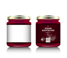 Realistic glass bottle packaging for fruit jam design. Raspberry jam with design label, typography, line drawing raspberries illustration. .