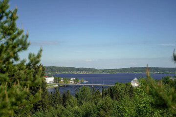 
view from the mountain to the bridge of the city of Sortavala