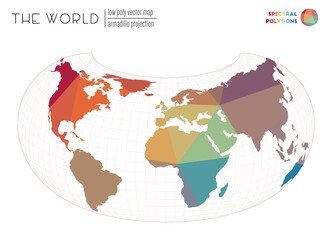 World map with vibrant triangles. Armadillo projection of the world. Spectral colored polygons. Contemporary vector illustration.