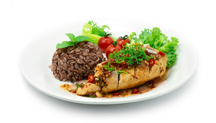 Chicken Spicy Salad Served Brown Rice Thai Northeast Food Style