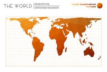 Triangular mesh of the world. Cylindrical equal-area projection of the world. Yellow, orange, brown colored polygons. Elegant vector illustration.