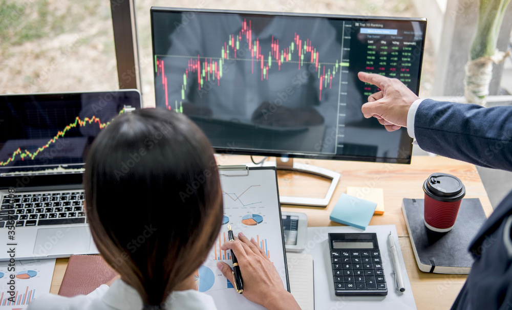 Poster business team investment working with computer, planning and analyzing graph stock market trading wi