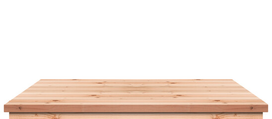 Empty table top made with planks on isolated white background die-cut with clipping path for mock up your products