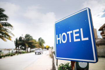 Sign on board Hotel on island in Mexico, Costa Maya,Mahahual beach. 