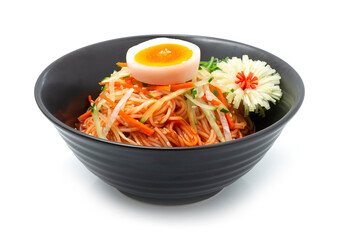 Korean Spicy Noodles (Bibim Guksu) ontop Boiled Egg Traditional Korean Food Popular