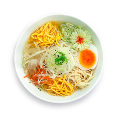 Korean Cold Noodles Soup Naengmyeon served Vegetables in White Bowl Traditional Korean Food Popular Summer