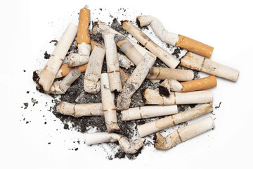 Bunch used cigarettes isolated white background macro
