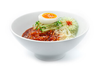 Korean Spicy Noodles (Guksu) ontop Boiled Egg in White Bowl Traditional Korean Food