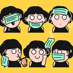 Girl Showing How To Improperly And Unsafely Wear Face Mask In Order To Prevent The Spread Of Virus. The Wrong Way To Wear A Medical Face Mask Concept Card Character illustration