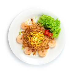 Shrimps with Thin Noodles in Sweet Chili Paste Sour Sauce ontop Fried Egg cutlet Thai Food Authentic style