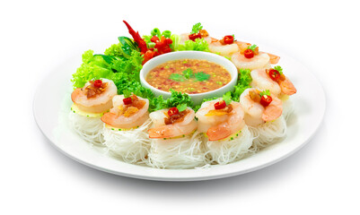 Shrimps with Thin Noodles Served Peanuts Chili Sauce and Vegetable Vietnamese Food style