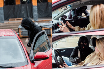 Collage of robber in balaclava holding knife near driver in car